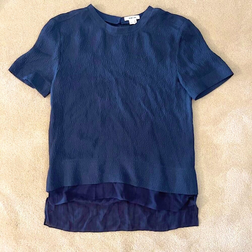Helmut Lang Navy Textured Silk Short Sleeved Top size S